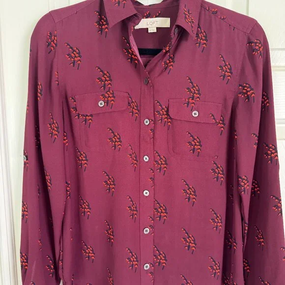 Loft Maroon Print Long Sleeve Utility Button Shirt - Picture 1 of 4